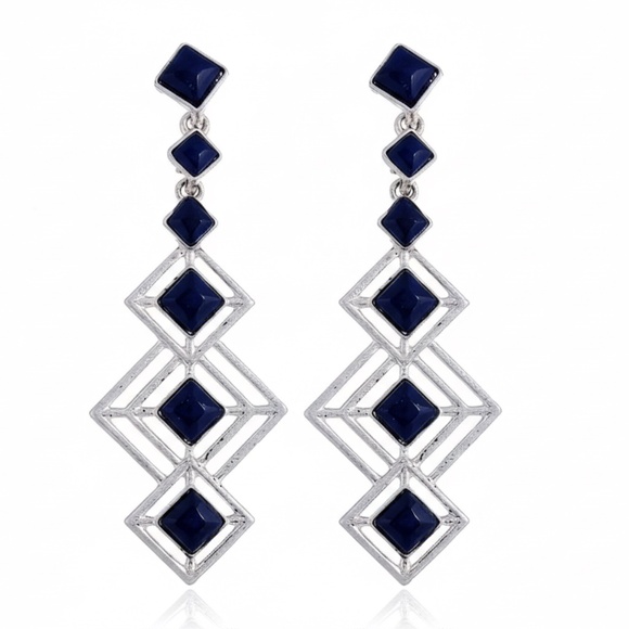 Fashion Jewelry Jewelry - Womens Long Diamond Shaped Silver and Blue Design Earrings.‎